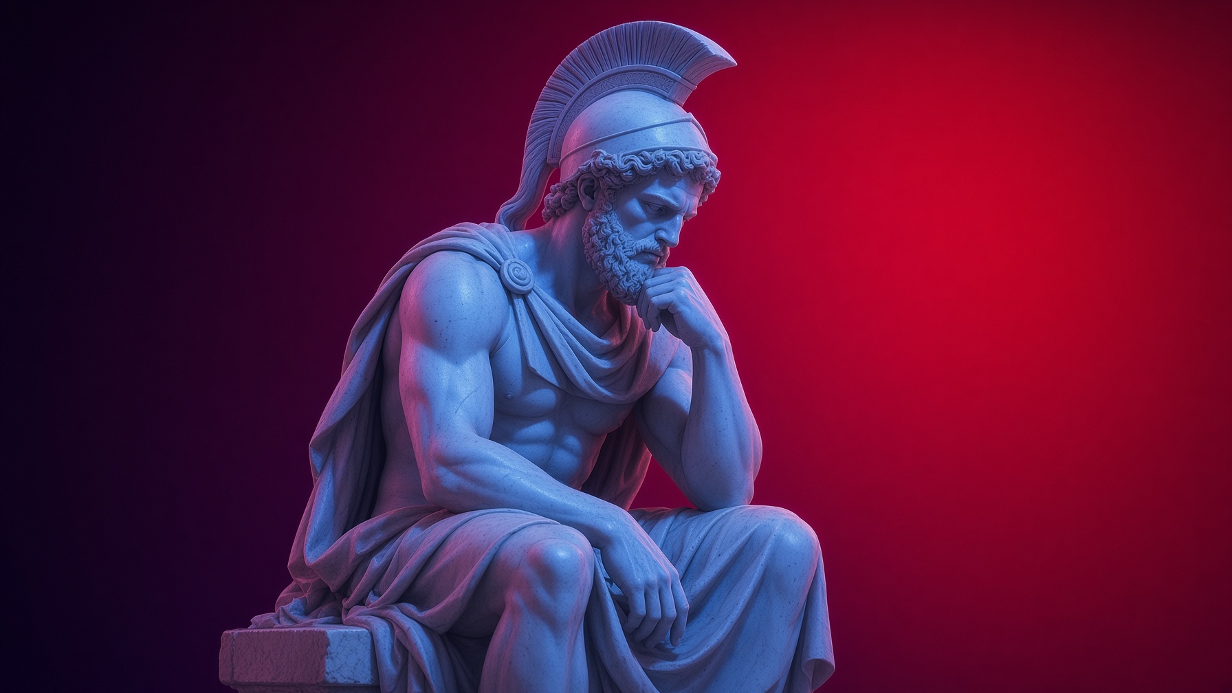 Escultura de un guerrero en pose contemplativa
