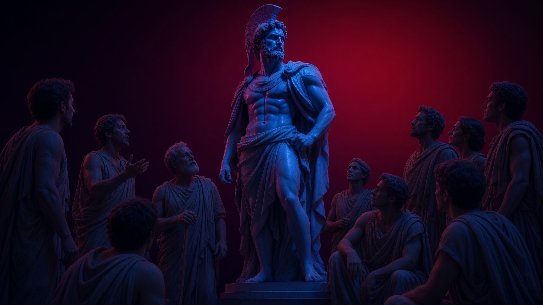 Escultura de guerrero rodeado por una asamblea de figuras clásicas