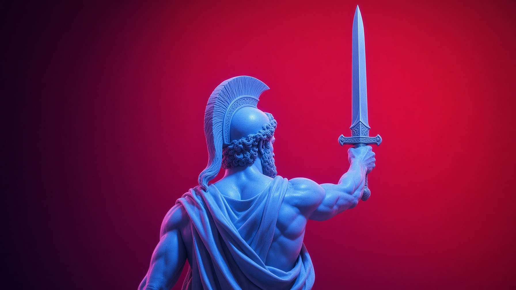 Escultura de Aquiles de espaldas con la espada en alto