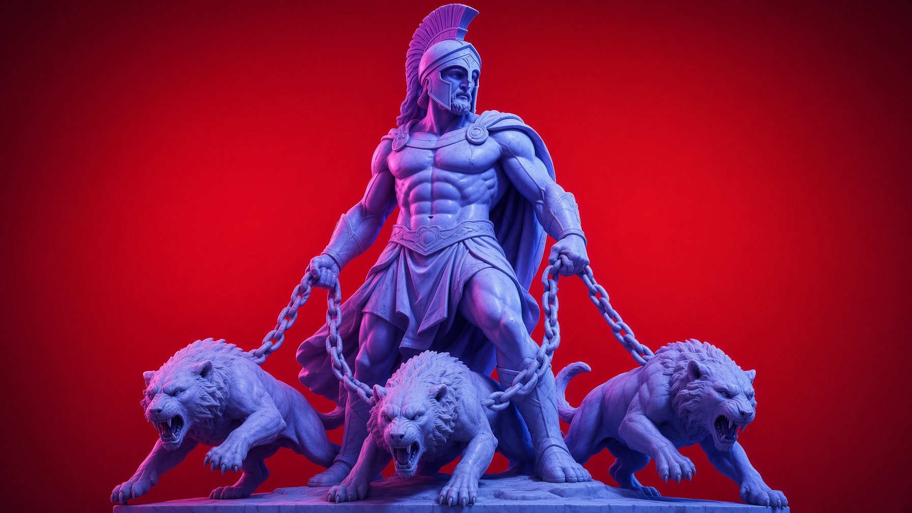 Escultura de guerrero sujetando tres leones con cadenas sobre fondo rojo