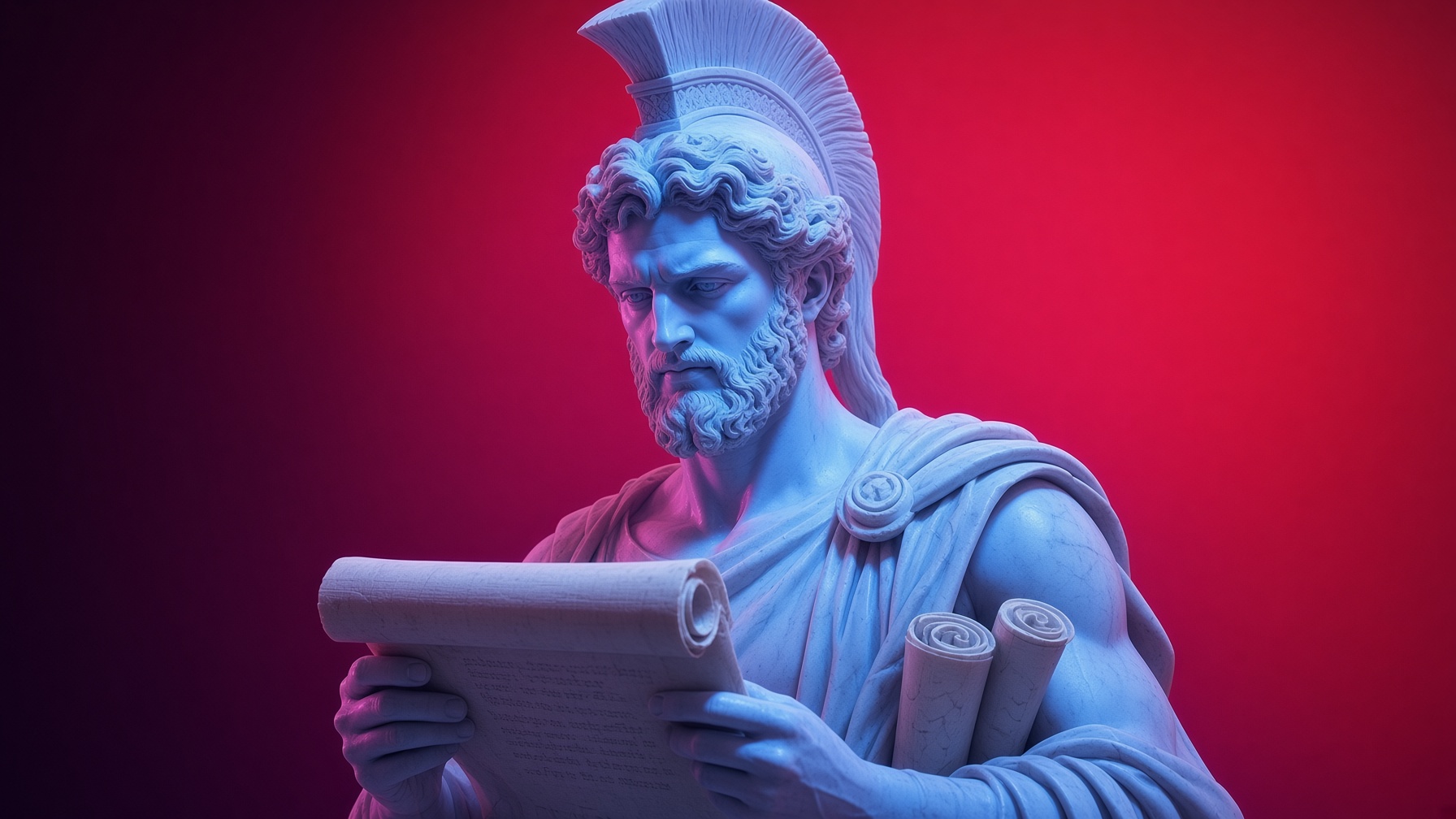 Escultura de guerrero leyendo un rollo de pergamino